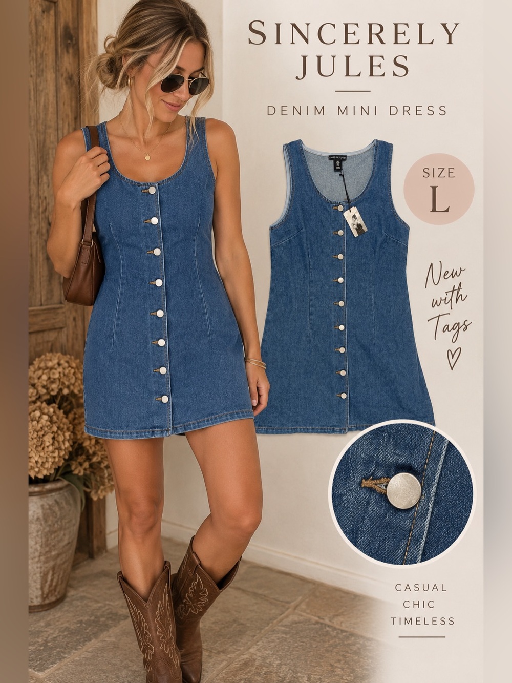 Sincerely Jules Denim Mini Dress Large Button Front Sleeveless NWT